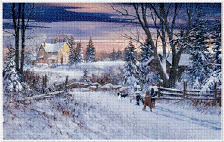 Серия "Пейзажи" - домик, собаки, дорога, пейзаж, дети, люди, животные, зима - предпросмотр