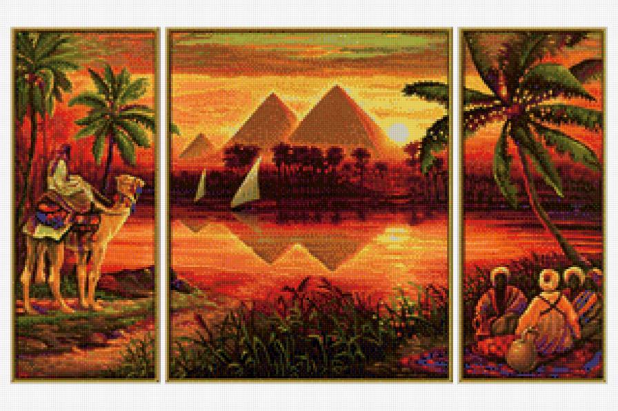 триптих египет - пирамиды, фараон, закат, египет, верблюды - предпросмотр