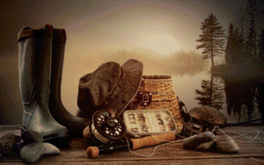 счастье рыбака - рыбалка, сапоги.панама, дерево, удочка - предпросмотр