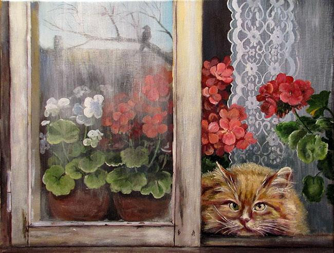 Кошка на окошке - кошка, герань, окно - оригинал