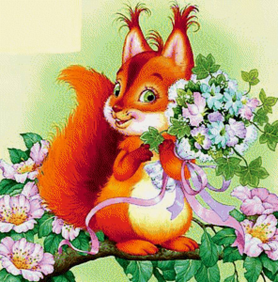 Белочка - животные, белки, цветы - предпросмотр