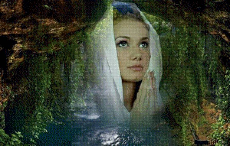 в тени ветвей - водопад, иллюзия, ангел, девушка, лес - предпросмотр