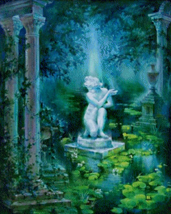 статуя в парке - девушка, пруд, цветы, калонна, живопись, природа, картина - предпросмотр