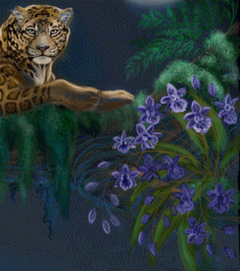 в джунглях часть 2 - природа, живопись, цветы, хищник, луна, леопард, орхидея, бабочка - предпросмотр