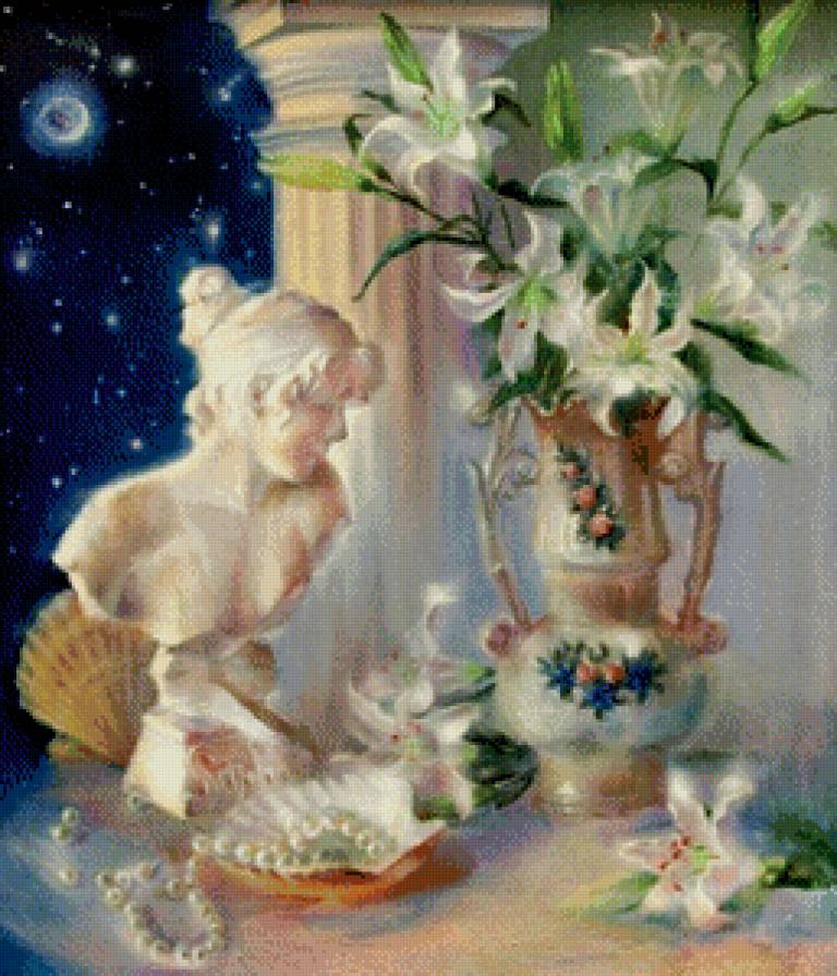 картина - цветы, луна, ракушка, колонна, жемчуг, живопись, статуя, ваза, лилия - предпросмотр