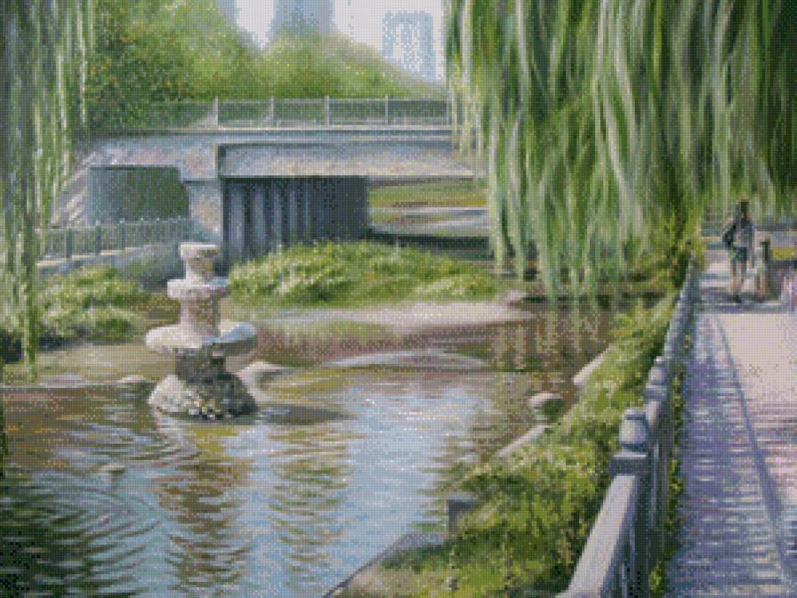 парк - дорога, вода, пруд, живопись, картина, природа, мост, ива, фонтан - предпросмотр