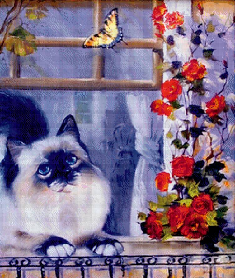 кот на окне - кошка, дом, розы, живопись, бабочка, окно, цветы, роза, город - предпросмотр