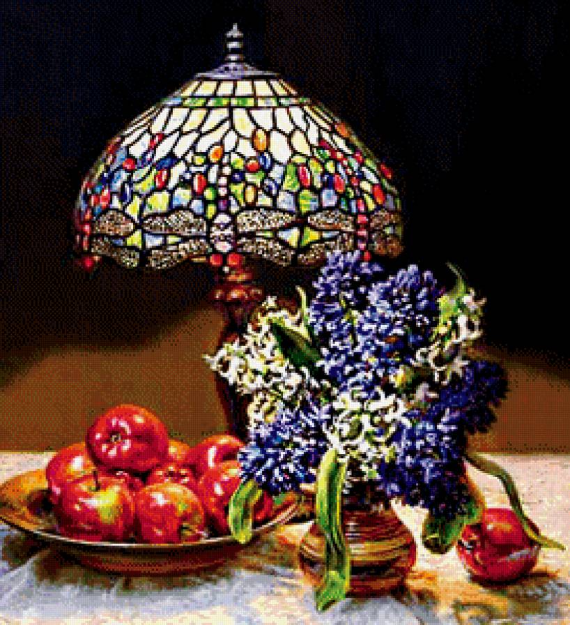 натюрморт - букет, яблоко, живопись, лампа, картина, фрукты, ваза, гиацинт - предпросмотр