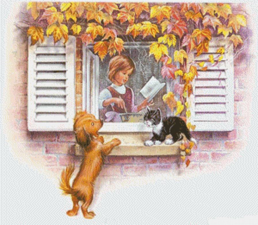 Серия "Очаровашки" - девочка, животные, дети, кошки, собаки, осень - предпросмотр