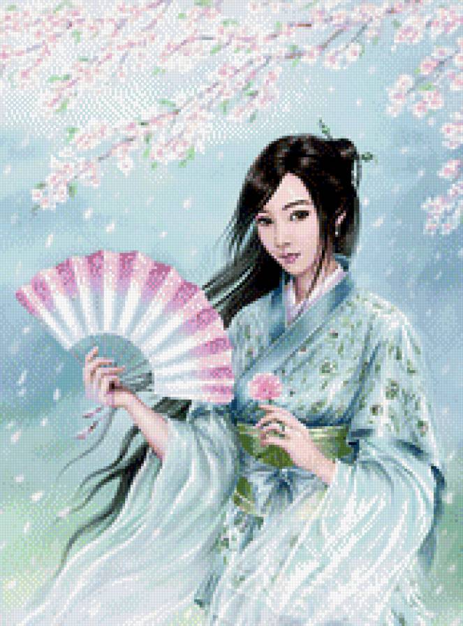 женская красота(серия) - веер, сакура, японка, фэнтези, женский образ, девушка - предпросмотр
