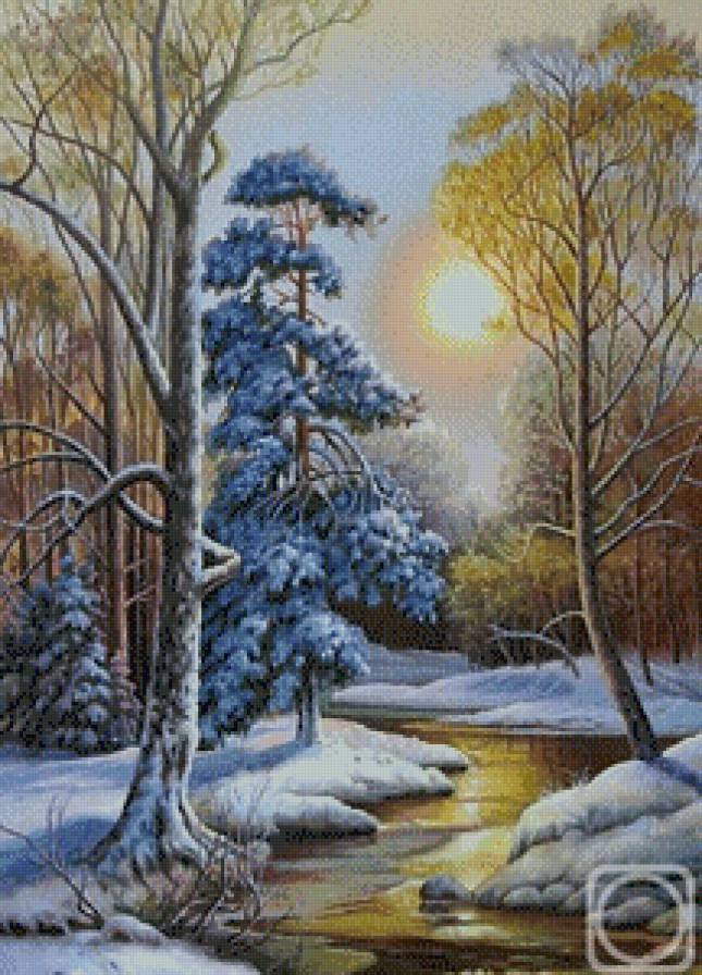 зимний пейзаж - снег, река, зима, лес, природа - предпросмотр