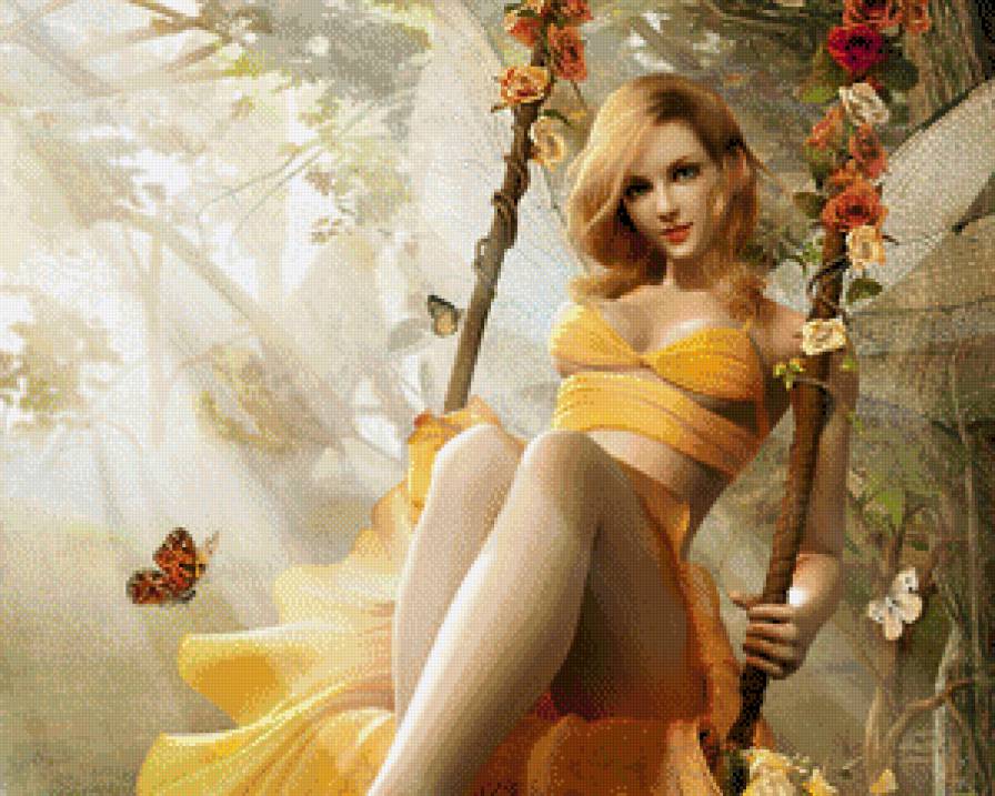 На качелях - фея, сказка, радость, девушка, бабочка - предпросмотр