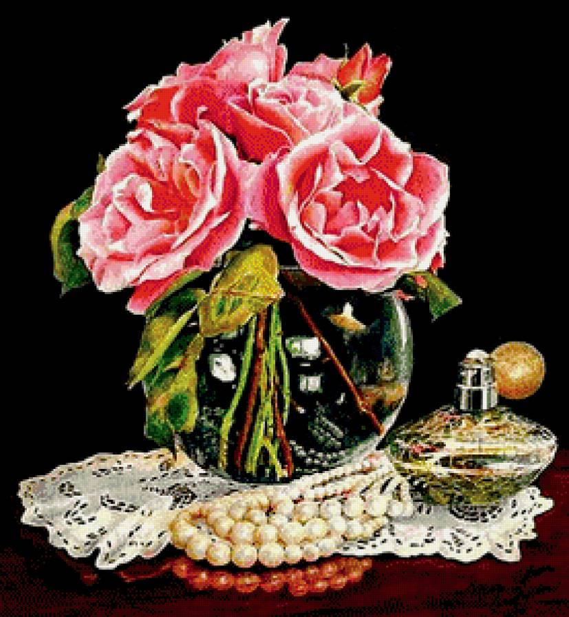 на дамском столике - жемчуг, картина, букет, духи, цветы, флакон, живопись, натюрморт, розы - предпросмотр