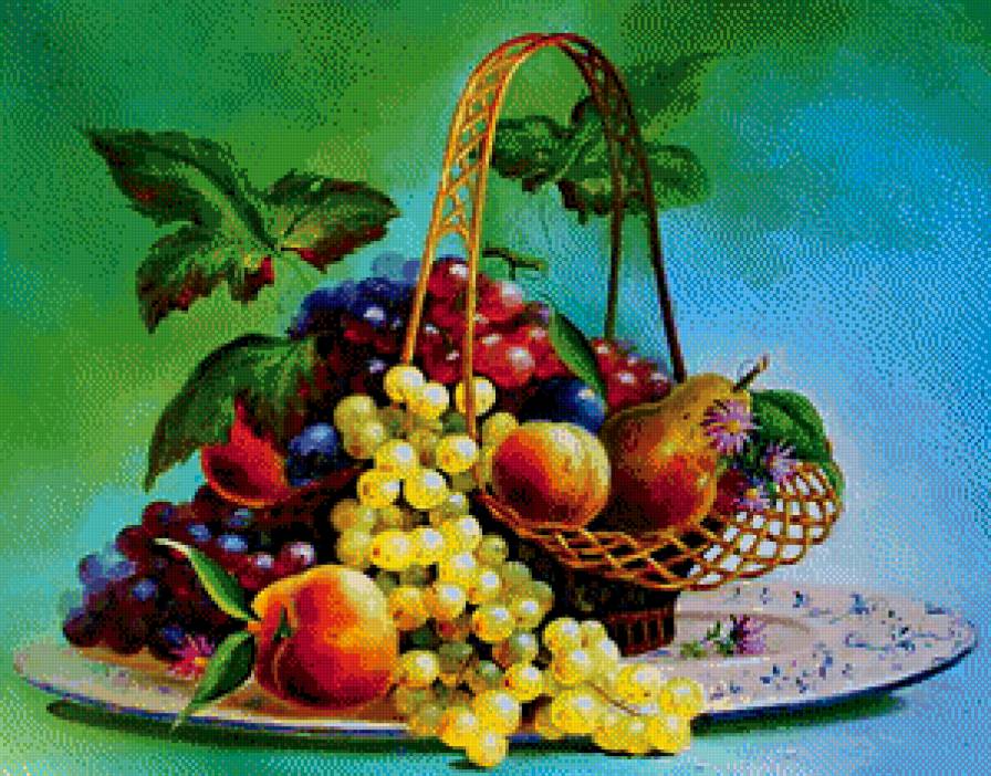корзина с фруктами - живопись, натюрморт, цветы, груша, картина, кухня, персик, виноград - предпросмотр