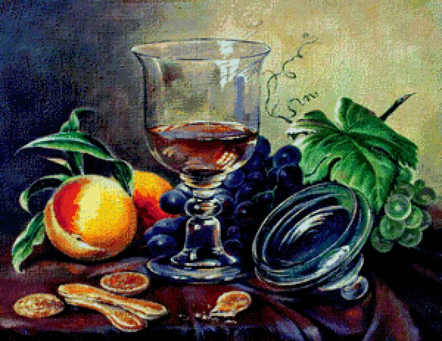 старинная картина - , фрукты, персик, бокал, живопись, виноград, натюрморт, печенье - предпросмотр