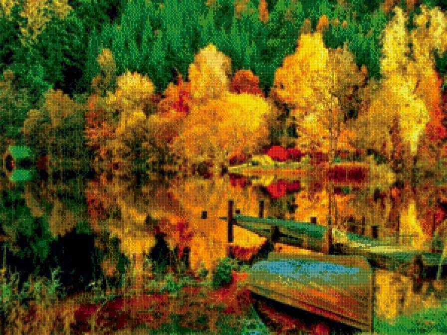 Отражения в воде - пруд, лес, осень, горы, листья, лодка, мостик, вода - предпросмотр