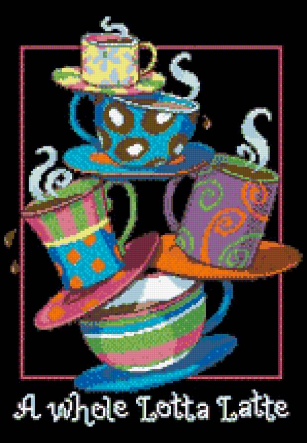 цветные чашки на черном - для кухни, яркое, кофе, орнамент, посуда, чашка - предпросмотр