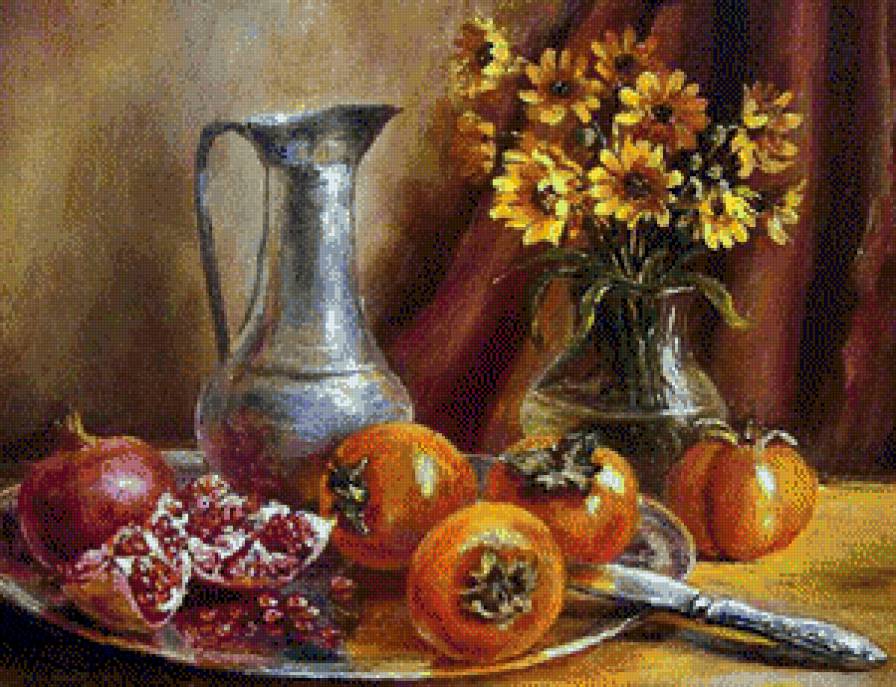 Натюрморт с хурмой. - хурма, кувшин, гранат, натюрморт, фрукты - предпросмотр