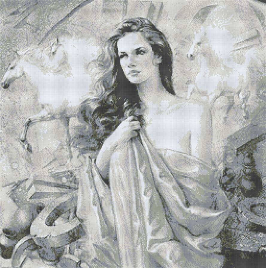 Женский образ (живопись) - живопись, монохром, кони, женщина, девушка, люди, дама - предпросмотр