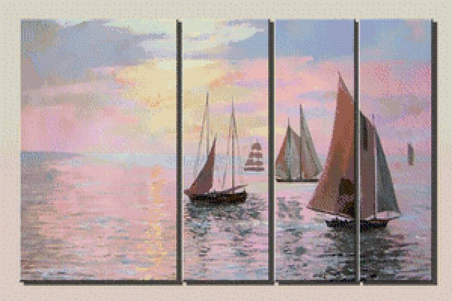 триптих парусники - пейзаж, рассвет, море, закат, парус - предпросмотр