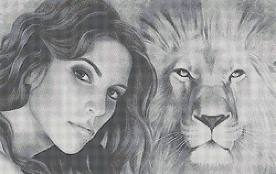 Дама со львом - дама, монохром, девушка, львы, большие кошки, женщина, люди, животные - предпросмотр