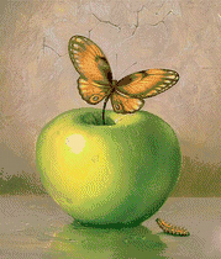 Эволюция гусеницы в бабочку-ФЭНТЕЗИ (живопись) - гусеницы, фрукты, яблоки, насекомые.бабочки, жвопись, фэнтези - предпросмотр