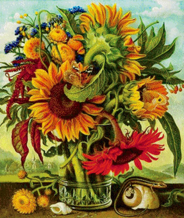 шикарные подсолнухи - подсолнух, ящерица, цветы, ракушка, живопись, букет, ваза, бабочки - предпросмотр