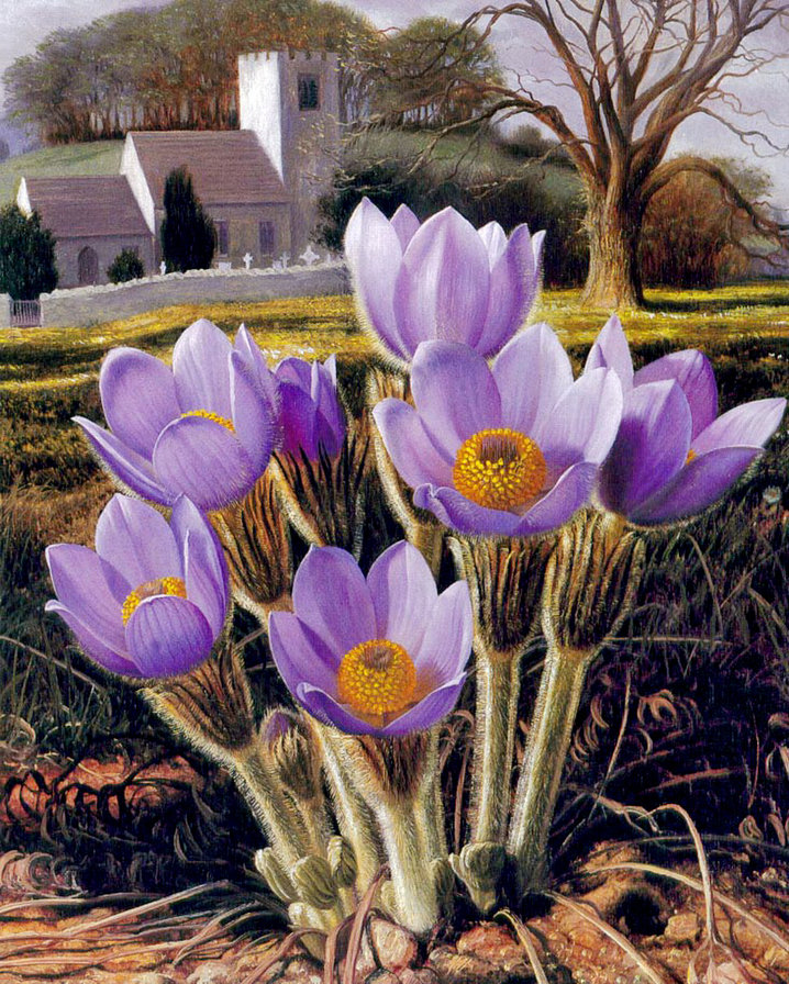 весна пришла - цветы, первоцвет, картина, дерево, дом, природа, живопись - оригинал