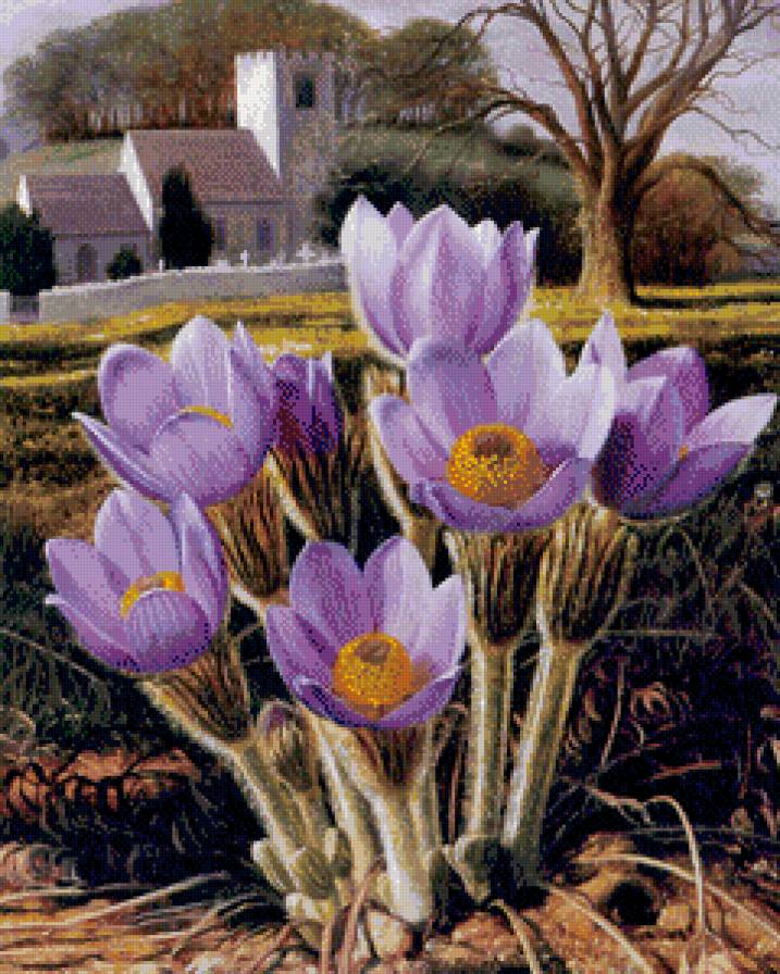 весна пришла - первоцвет, живопись, картина, дом, дерево, цветы, природа - предпросмотр