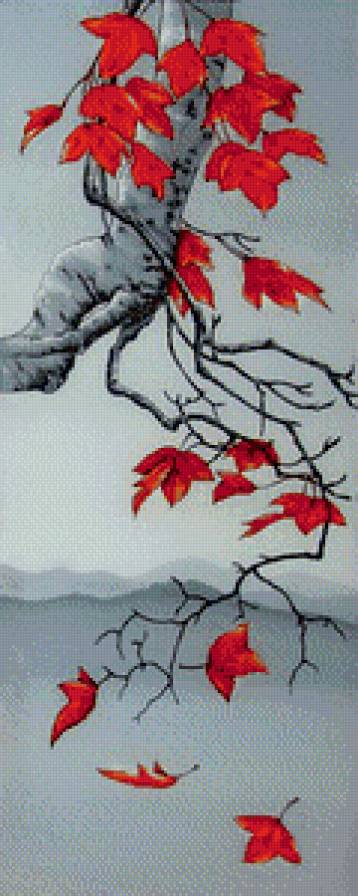 красный клен - япония, ветка, панно, дерево, листья, живопись, восток, осень, китай - предпросмотр