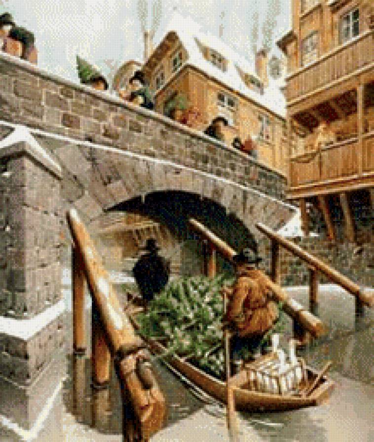 везут елочку.. - мост, канун, лодка, елка, живопись, город - предпросмотр