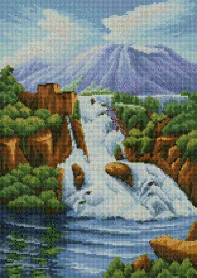 пейзаж с водопадом - горы, пейзаж, водопад, природа - предпросмотр