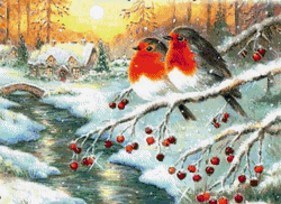 снегири на калине - снег, деревня, снегири, река, зима, лес, дерево, калина - предпросмотр