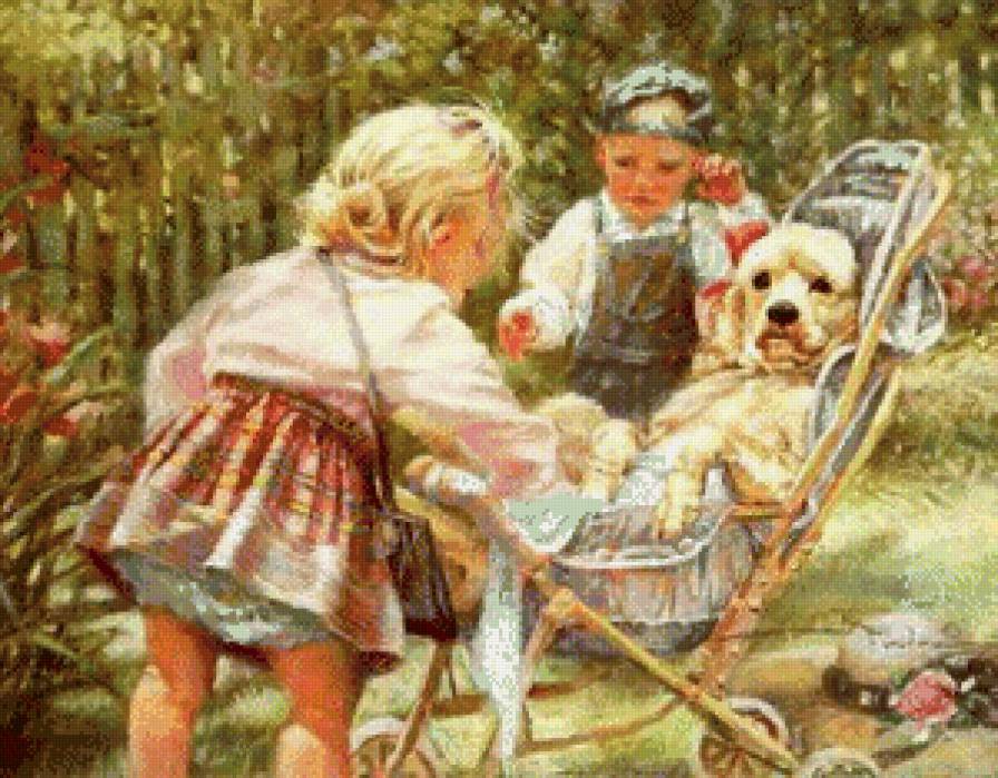 терпеливый друг - девочка, друзья, дети, собака, игра, мальчик - предпросмотр