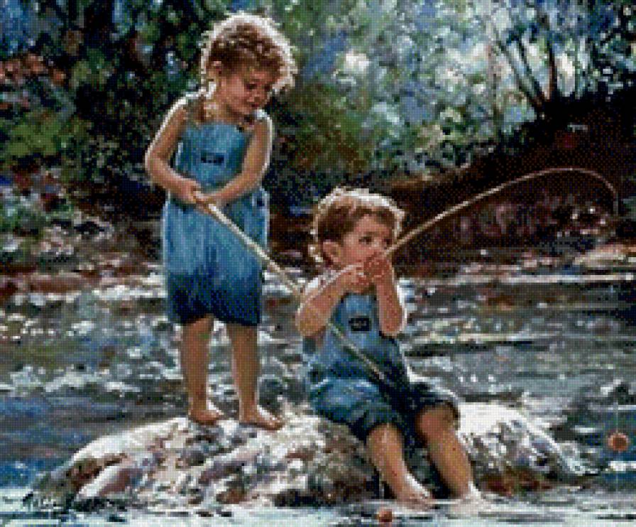 рыбачки - девочка, рыбалка, дети, берег, река, рыбаки, двое - предпросмотр