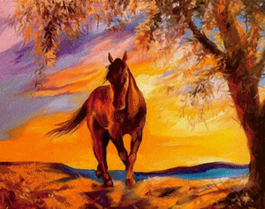 В лучах заката - лошади, закат, пейзаж, кони, животные - предпросмотр