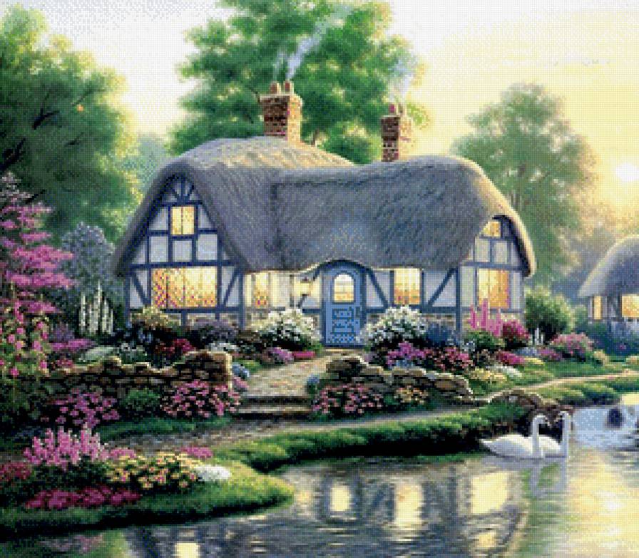 Уютный уголок - цветы, сад, пейзаж, домик - предпросмотр