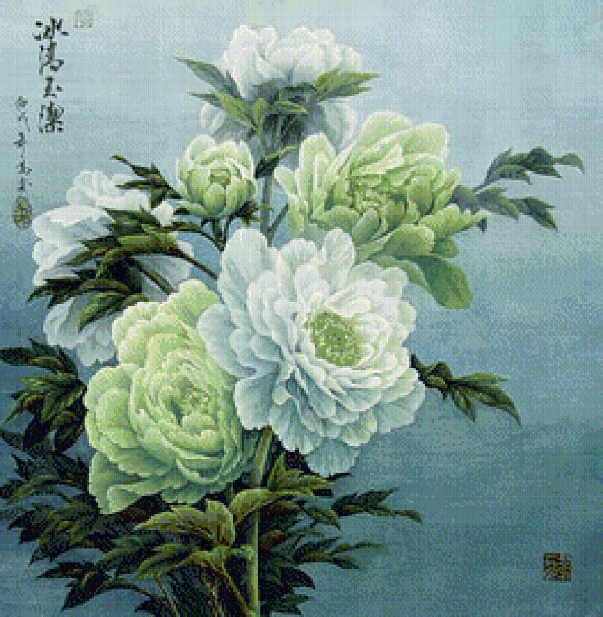 Пионы на голубом. - цветы, букет, пионы - предпросмотр