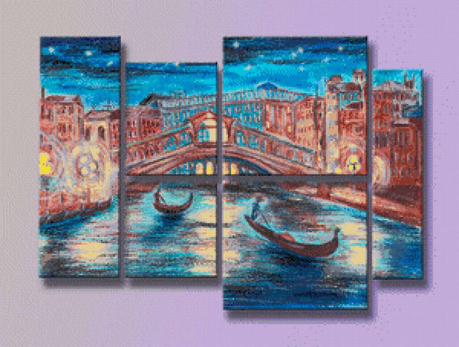триптих венеция - вечер, огни, гандолы, река, мост - предпросмотр