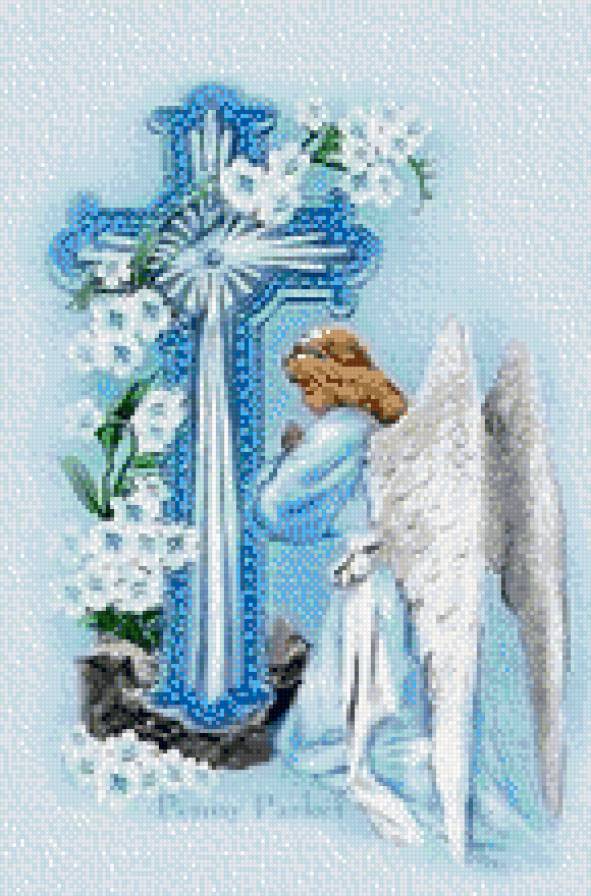 молящийся ангел - крест, ангел, цветы - предпросмотр