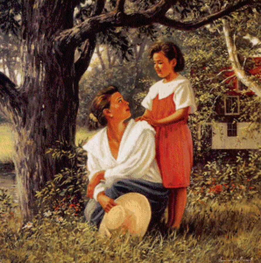 Прогулка с мамой - пейзаж, домик, девочка, дети, девушка - предпросмотр