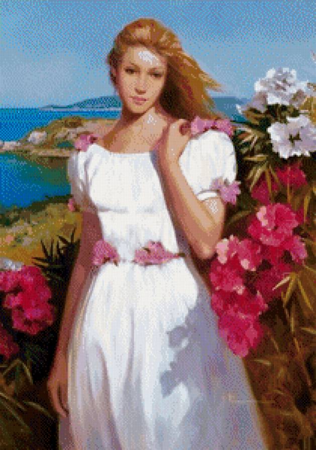 На фоне моря - цветы, девушка, море, пейзаж - предпросмотр