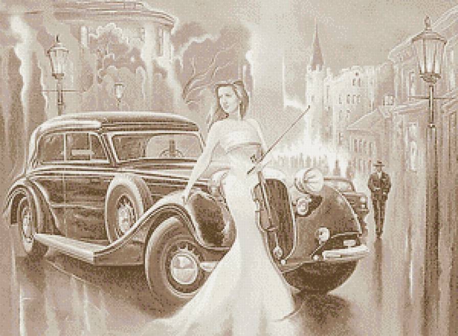 Женский образ (живопись) - скрипка, женщина, авто, дама, ретро, люди, монохром, пара, сепия - предпросмотр