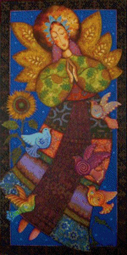 Девушка в орнаменте - птицы, голуби, девушка - предпросмотр