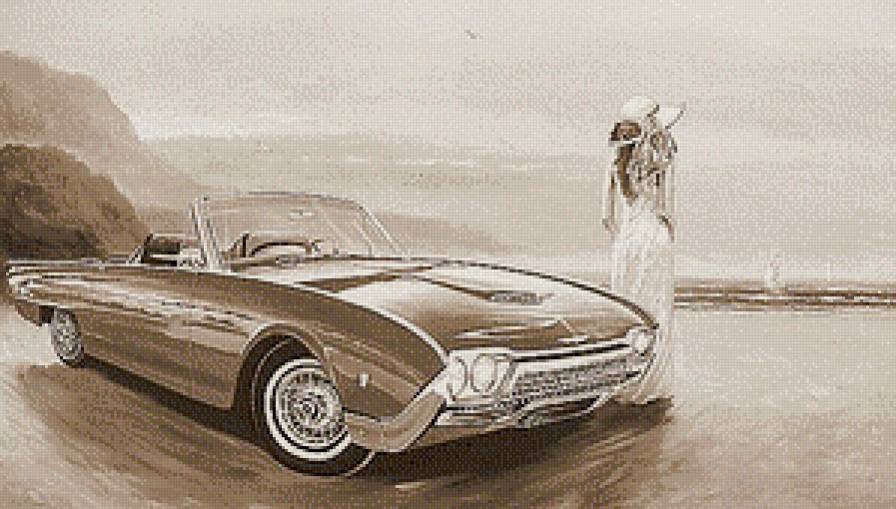 Женский образ  (живопись) - море, монохром, дама, ретро, авто, женщина, сепия, люди - предпросмотр