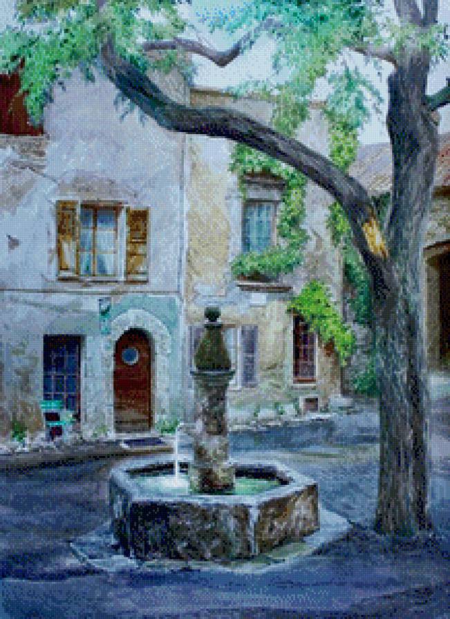 городской фонтан - живопись, вода, дерево, картина, дом - предпросмотр
