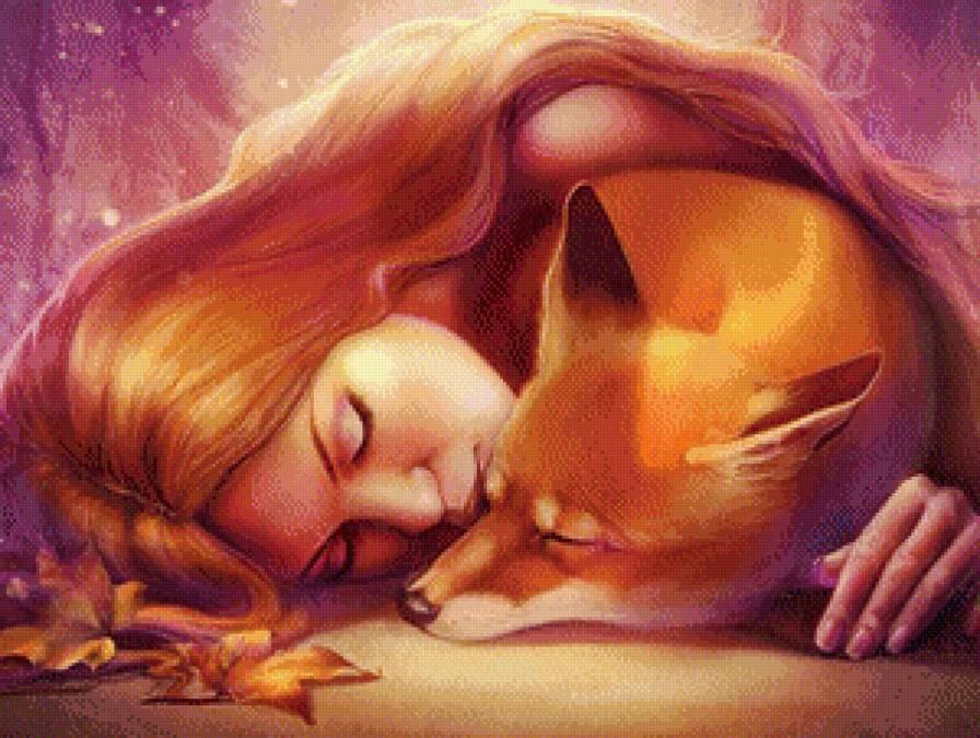 рыжие подружки - пара, животное, женщина, живопись, картина, лиса, девушка, лист, хищник - предпросмотр