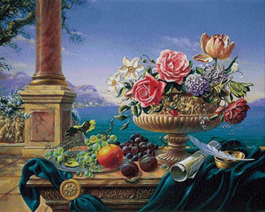 натюрморт с видом на море - розы, картина, цветы, натюрморт, картины - предпросмотр