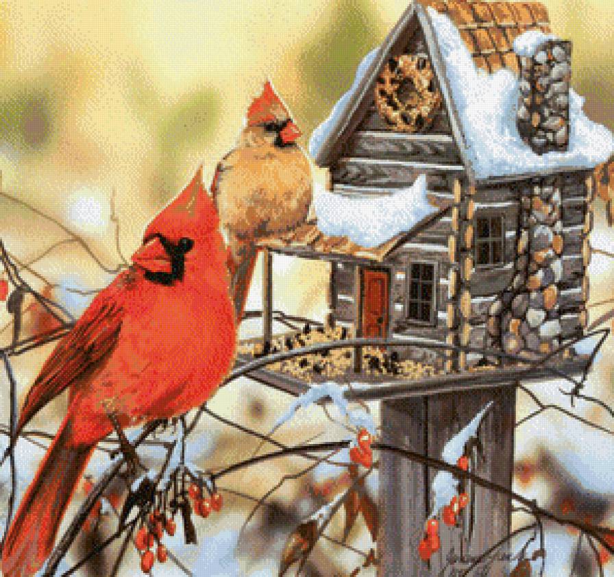 Серия "Птичий домик" - кардиналы, птицы, домик - предпросмотр