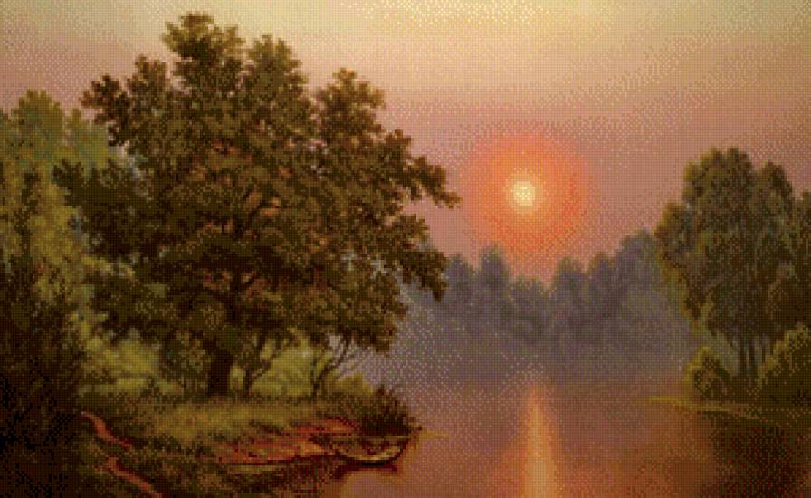 туманный рассвет - река, картина, солнце, живопись, дерево, природа - предпросмотр